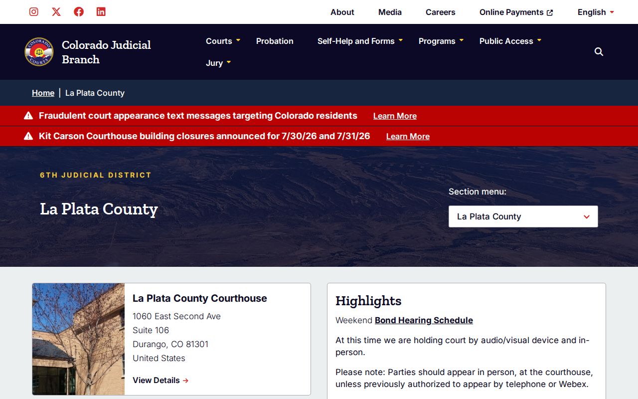 La Plata County probate records Colorado Judicial Branch court page