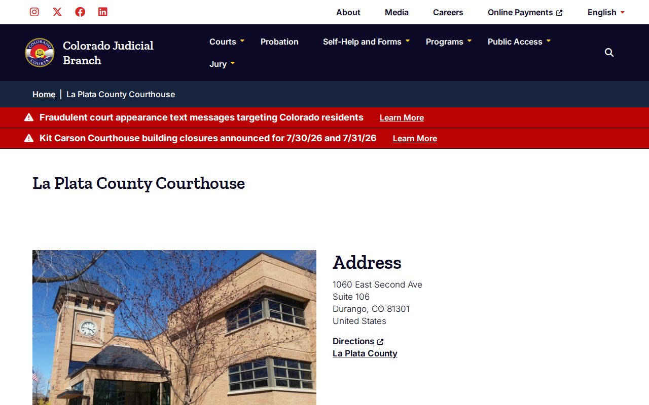 La Plata County probate records courthouse location and clerk contact