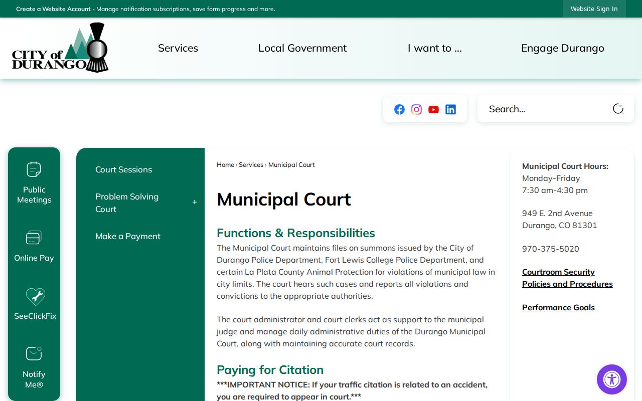 La Plata County traffic court records on the Durango Municipal Court page
